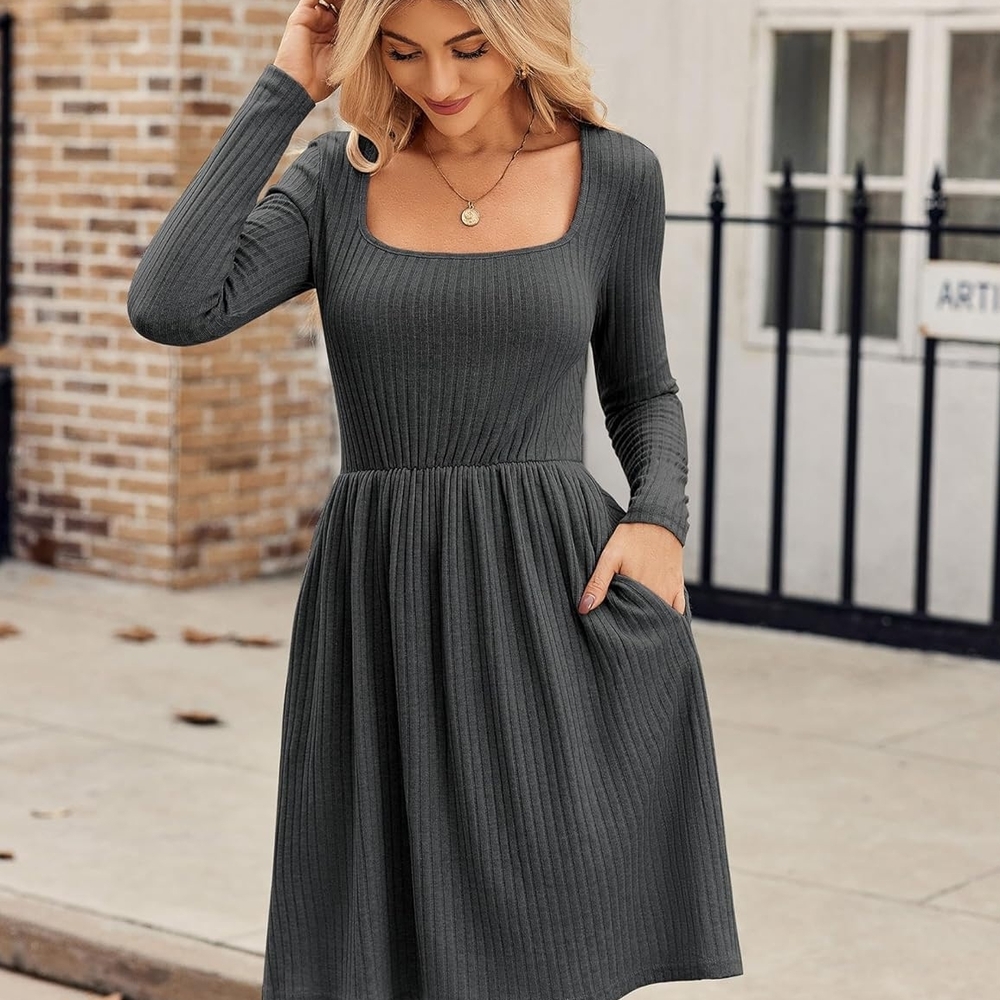 Zeagoo‎ Charcoal Long Sleeve Midi Dress